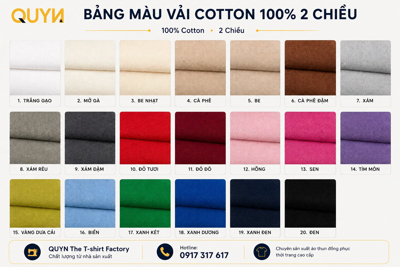 Bảng màu vải cotton 100% 2 chiều của QUYN