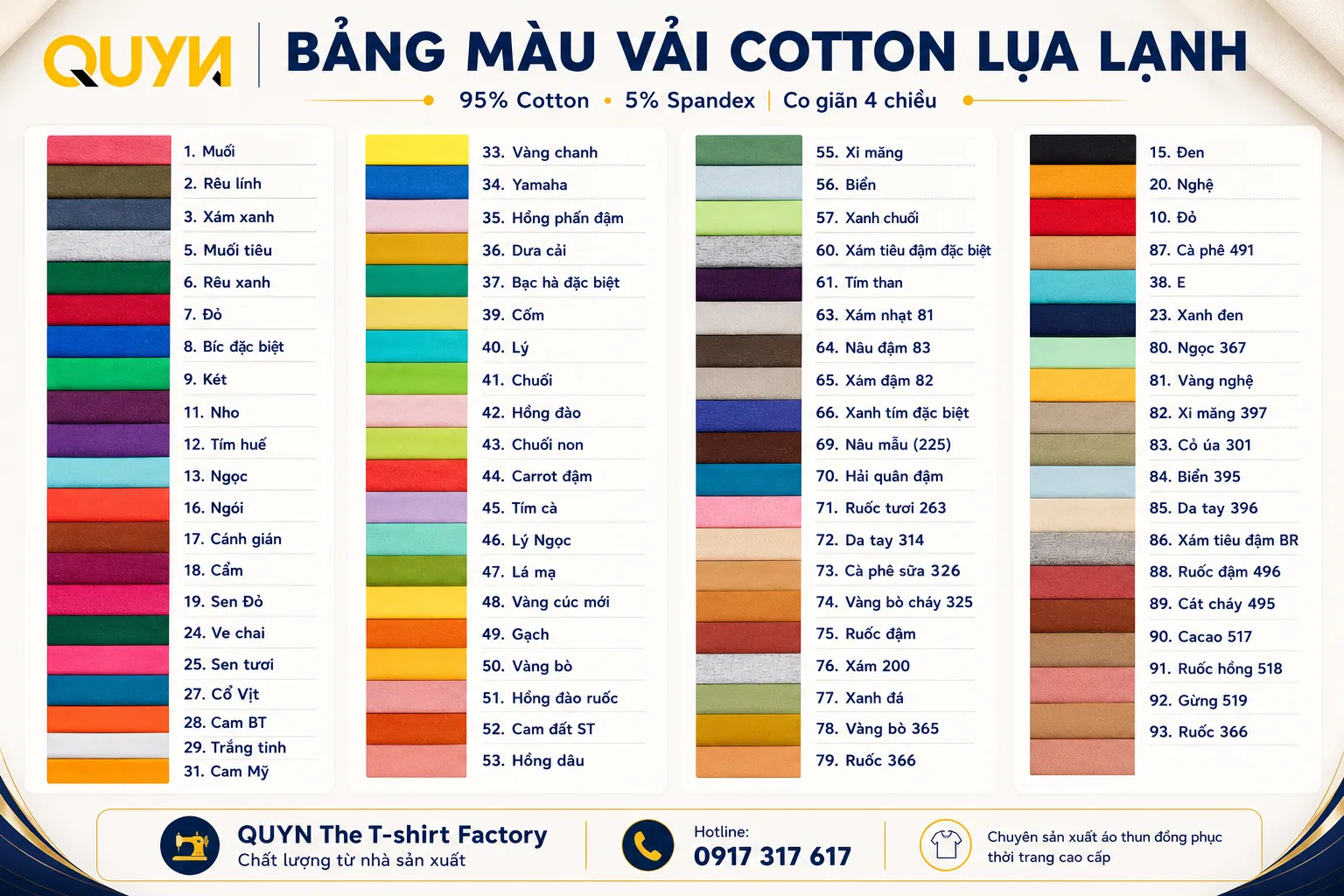 Bảng màu vải cotton lụa lạnh 95% cotton 4 chiều của QUYN