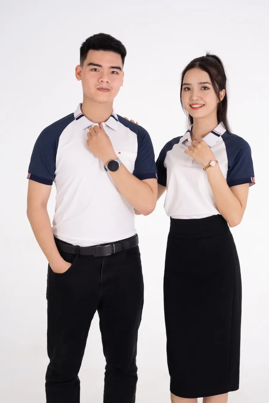 Áo polo đồng phục doanh nghiệp phối tay raglan xanh navy do QUYN sản xuất